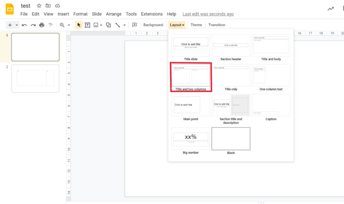 Google slides two columns text box