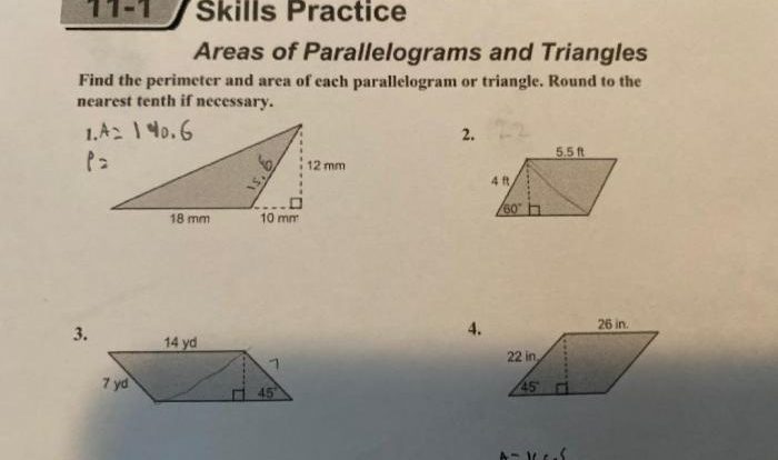 Practice 10-1 areas of parallelograms and triangles